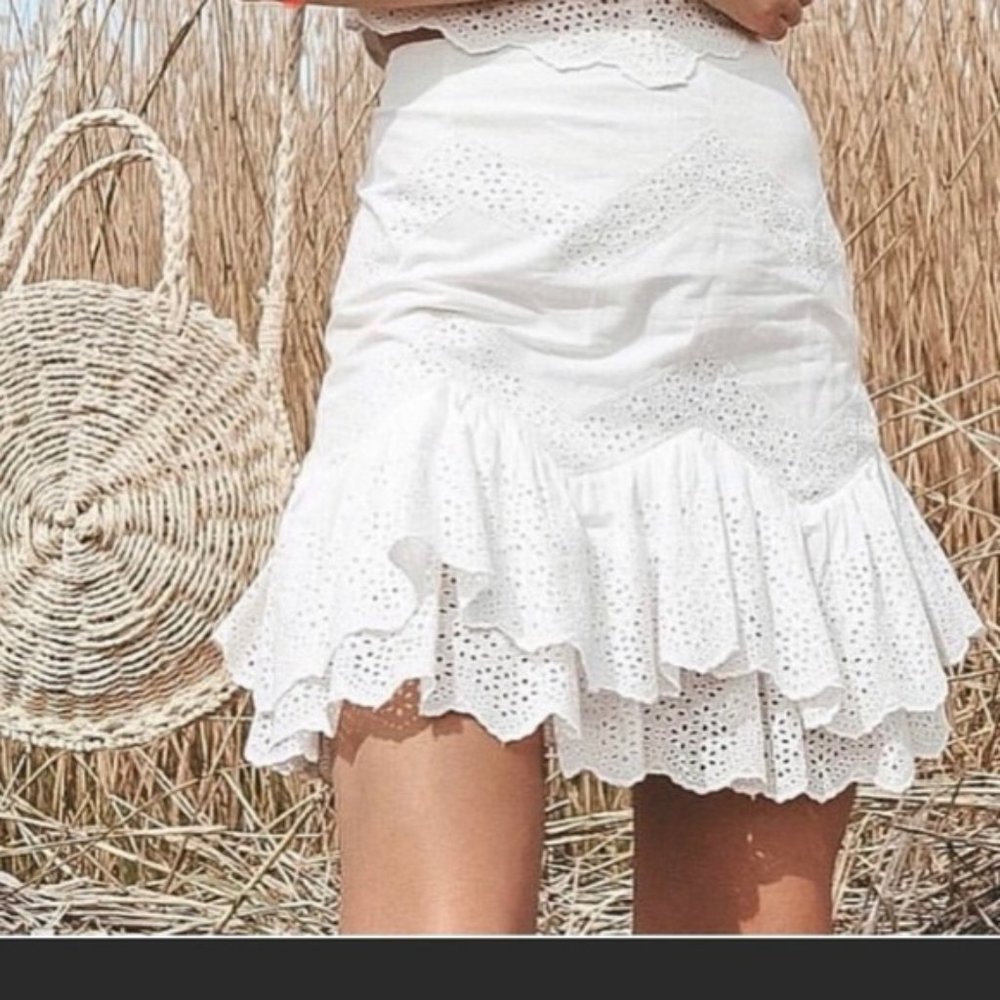 White H&M Embroidered Ruffle Skirt